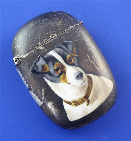 A late Victorian silver and enamel vesta case decorated with a Jack Russell, 1.75in.